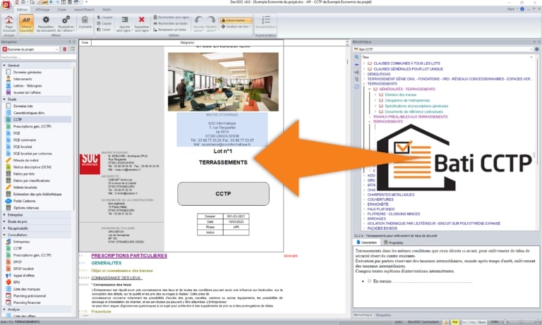 Bibliothèque de contenus dans DeviSOC logiciel de métrés
