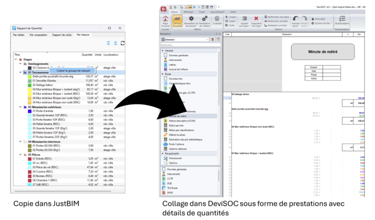 Export métré de justbim vers devisoc par copier-coller